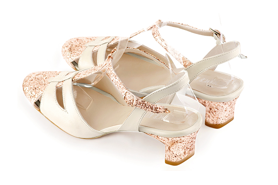 Powder pink and off white women's open back T-strap shoes. Round toe. Low kitten heels. Rear view - Florence KOOIJMAN